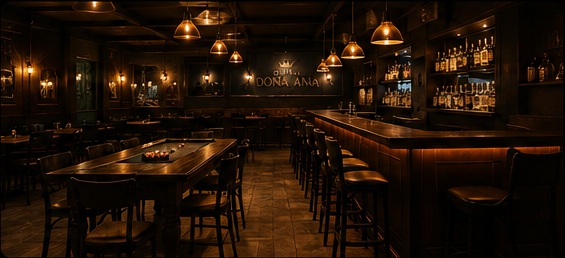Interior de Bar Doña Ana con barra, mesas y luces cálidas